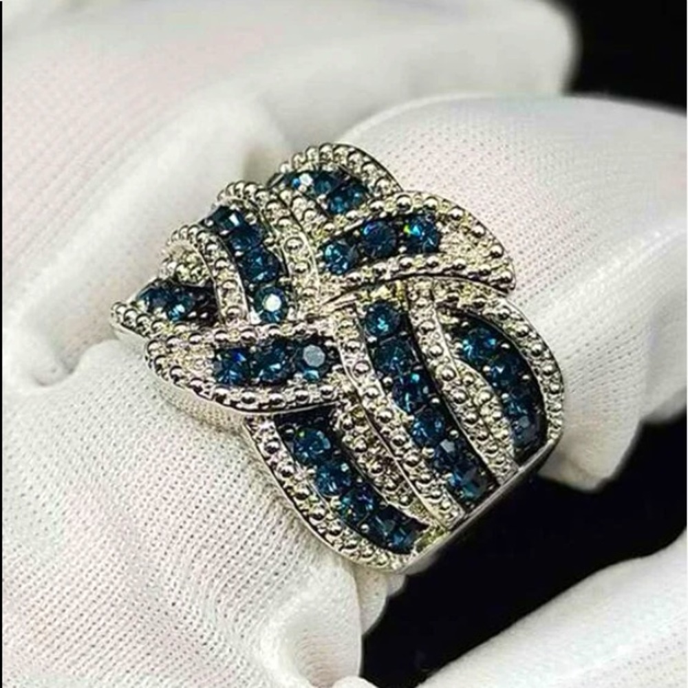 Blue Sapphire Zircon Marquise Wide Band Ring - Picture 2 of 6